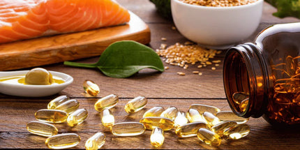 a variety of food items and supplements rich in omega-3 fatty acids, emphasizing a healthy dietary choice