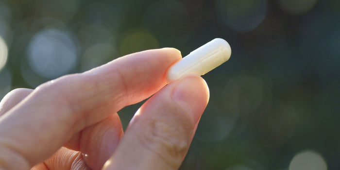 a person holding up a white capsule