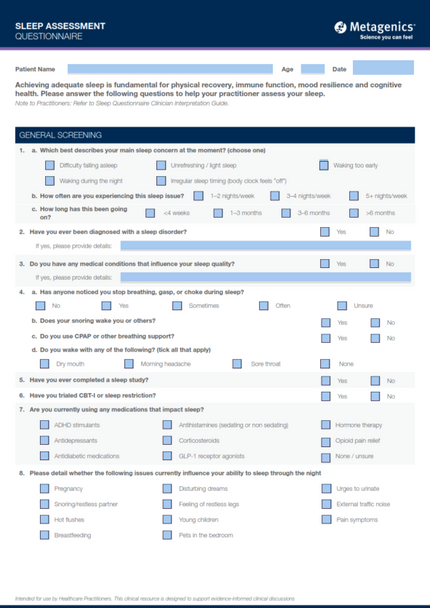 Sleep Assessment Questionnaire and Clinician Interpretation Guide
